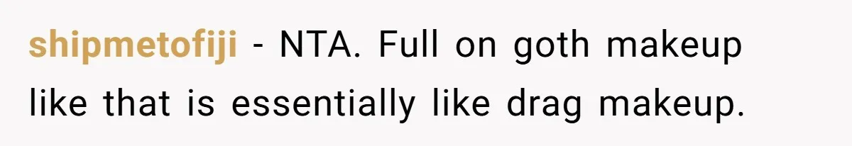 shipmetofiji − NTA. Full on goth makeup like that is essentially like drag makeup.