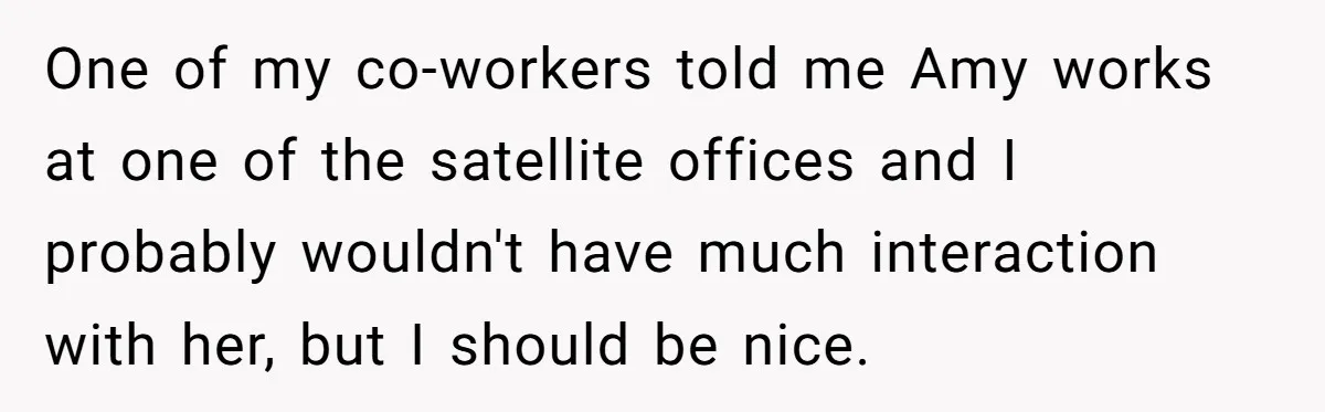 One of my co-workers told me Amy works at one of the satellite offices and I probably wouldn't have much interaction with her, but I should be nice.