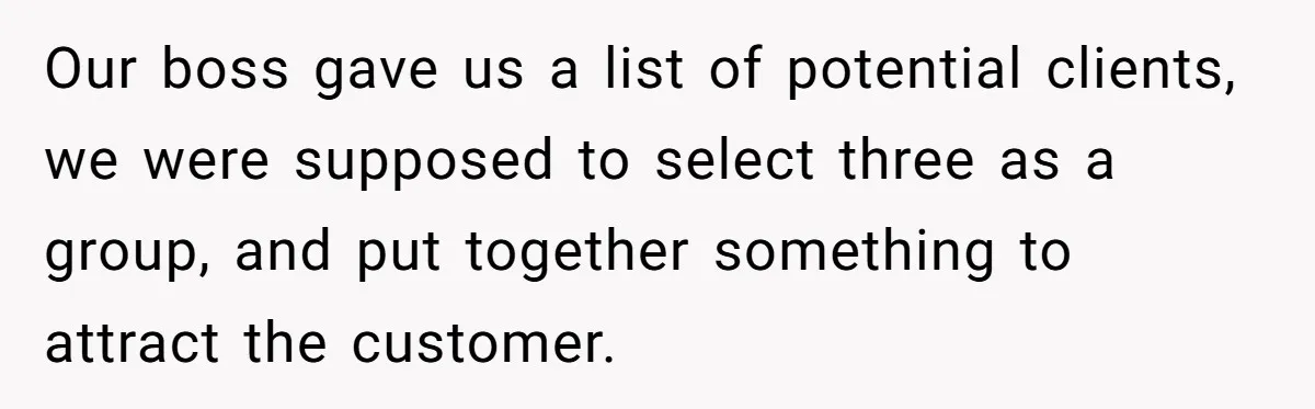 Our boss gave us a list of potential clients, we were supposed to select three as a group, and put together something to attract the customer.