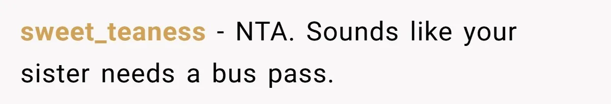 sweet_teaness − NTA. Sounds like your sister needs a bus pass.