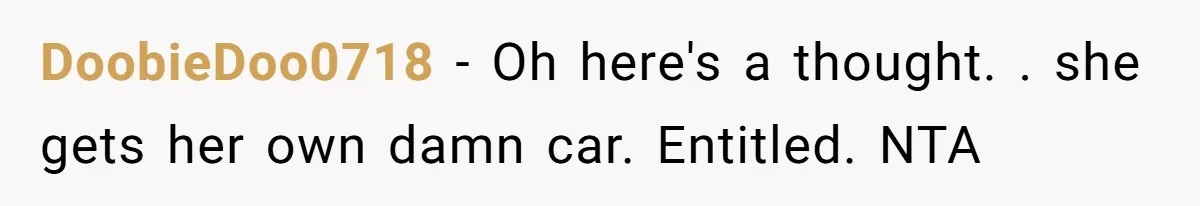 DoobieDoo0718 − Oh here's a thought. . she gets her own damn car. Entitled. NTA