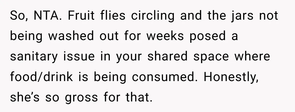 So, NTA. Fruit flies circling and the jars not being washed out for weeks posed a sanitary issue in your shared space where food/drink is being consumed. Honestly, she’s so...