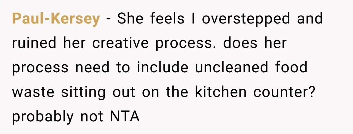 Paul-Kersey − She feels I overstepped and ruined her creative process. does her process need to include uncleaned food waste sitting out on the kitchen counter? probably not NTA