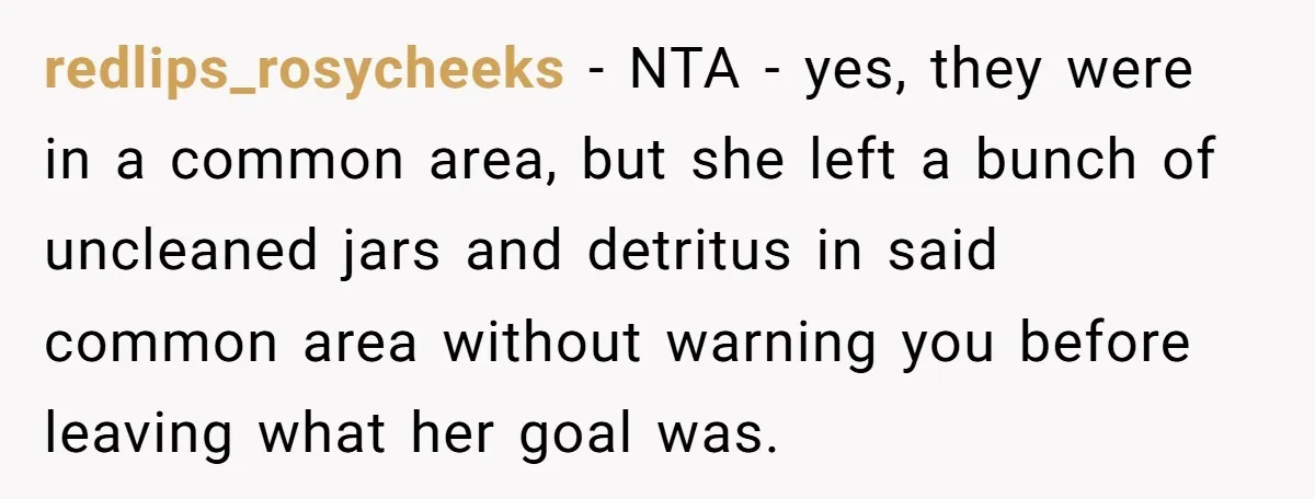 redlips_rosycheeks − NTA - yes, they were in a common area, but she left a bunch of uncleaned jars and detritus in said common area without warning you before leaving...
