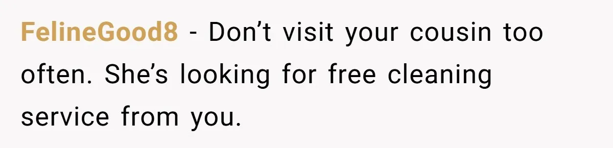 FelineGood8 − Don’t visit your cousin too often. She’s looking for free cleaning service from you.