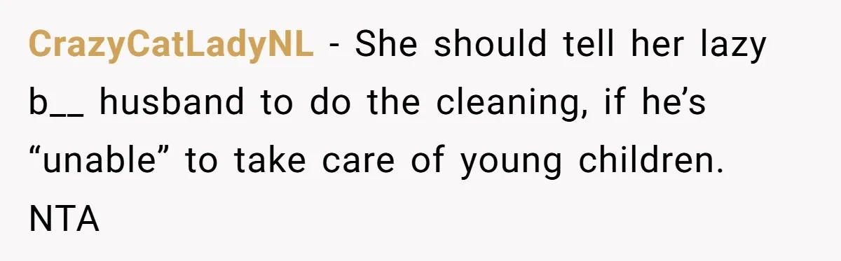 CrazyCatLadyNL − She should tell her lazy b__ husband to do the cleaning, if he’s “unable” to take care of young children. NTA