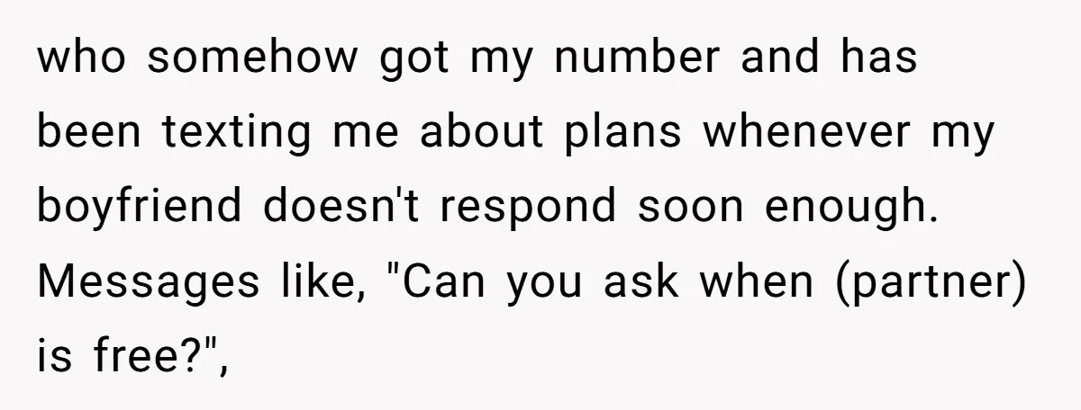 who somehow got my number and has been texting me about plans whenever my boyfriend doesn't respond soon enough. Messages like, "Can you ask when (partner) is free?",