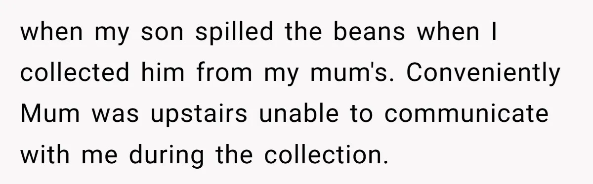 when my son spilled the beans when I collected him from my mum's. Conveniently Mum was upstairs unable to communicate with me during the collection.