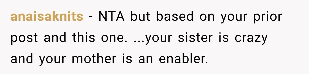 anaisaknits − NTA but based on your prior post and this one. ...your sister is crazy and your mother is an enabler.
