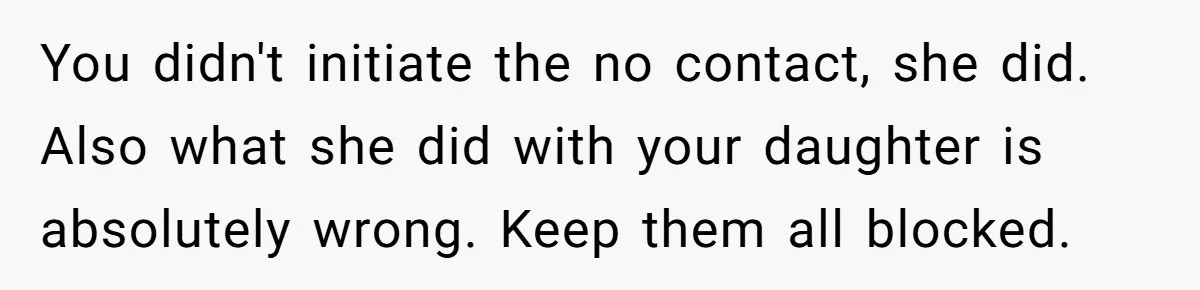 You didn't initiate the no contact, she did. Also what she did with your daughter is absolutely wrong. Keep them all blocked.