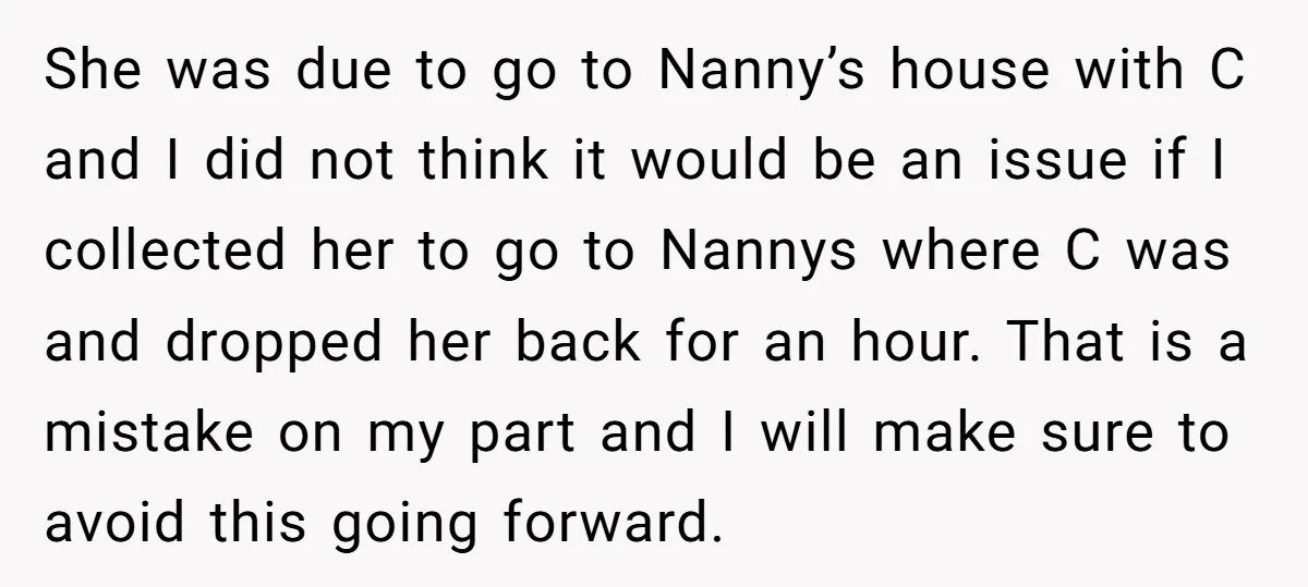 She was due to go to Nanny’s house with C and I did not think it would be an issue if I collected her to go to Nannys where C...
