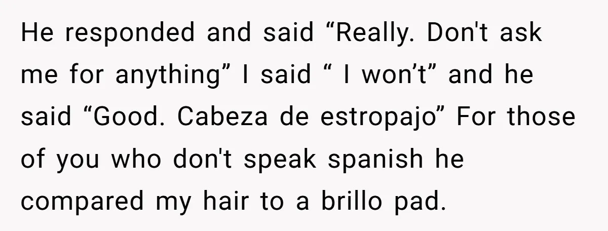 He responded and said “Really. Don't ask me for anything” I said “ I won’t” and he said “Good. Cabeza de estropajo” For those of you who don't speak spanish...