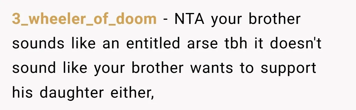 3_wheeler_of_doom − NTA your brother sounds like an entitled arse tbh it doesn't sound like your brother wants to support his daughter either,