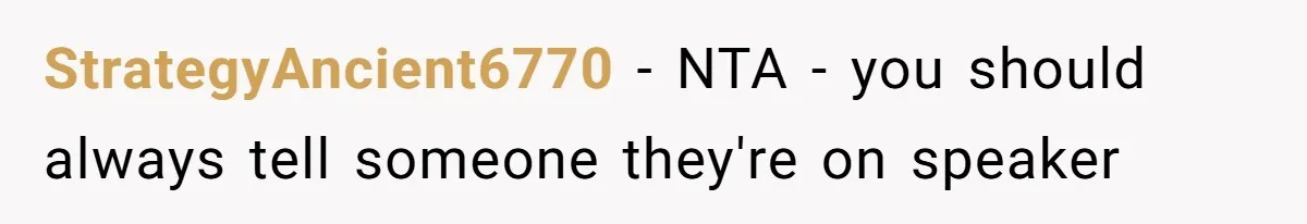 StrategyAncient6770 − NTA - you should always tell someone they're on speaker