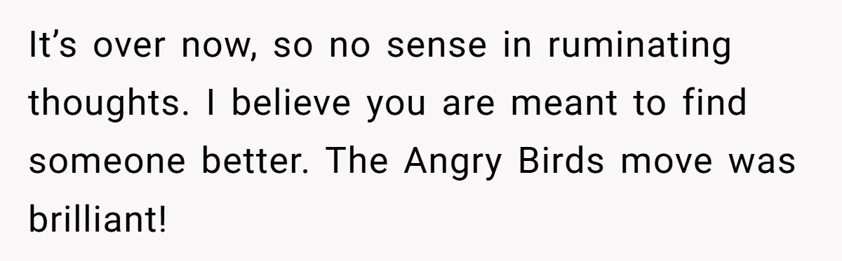 It’s over now, so no sense in ruminating thoughts. I believe you are meant to find someone better. The Angry Birds move was brilliant!
