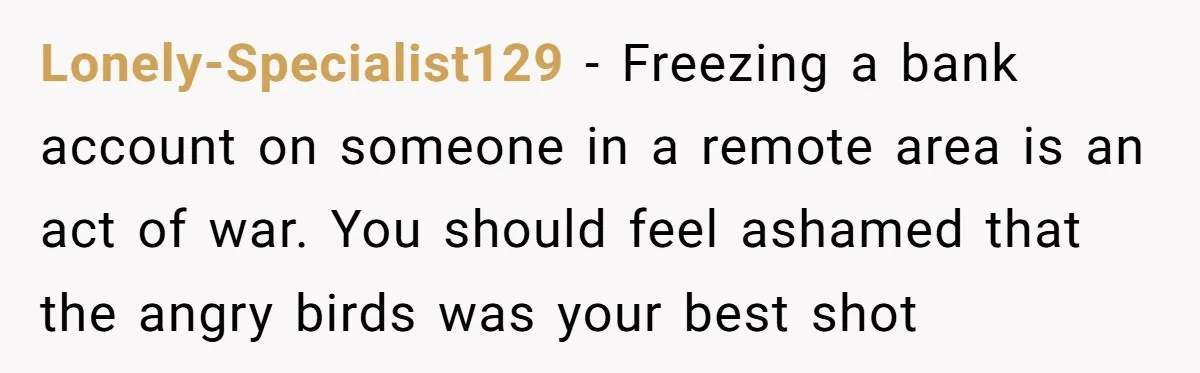 Lonely-Specialist129 − Freezing a bank account on someone in a remote area is an act of war. You should feel ashamed that the angry birds was your best shot