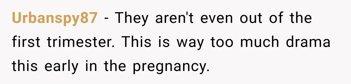 Urbanspy87 − They aren't even out of the first trimester. This is way too much drama this early in the pregnancy.