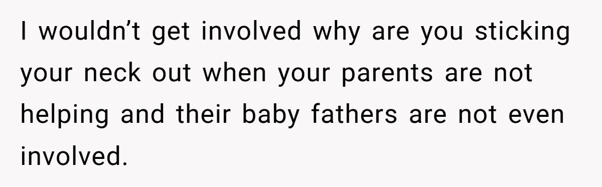 I wouldn’t get involved why are you sticking your neck out when your parents are not helping and their baby fathers are not even involved.