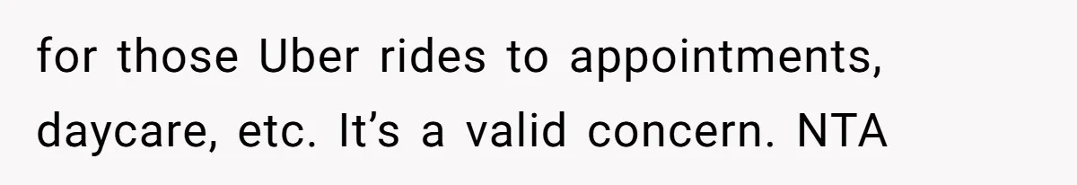 for those Uber rides to appointments, daycare, etc. It’s a valid concern. NTA