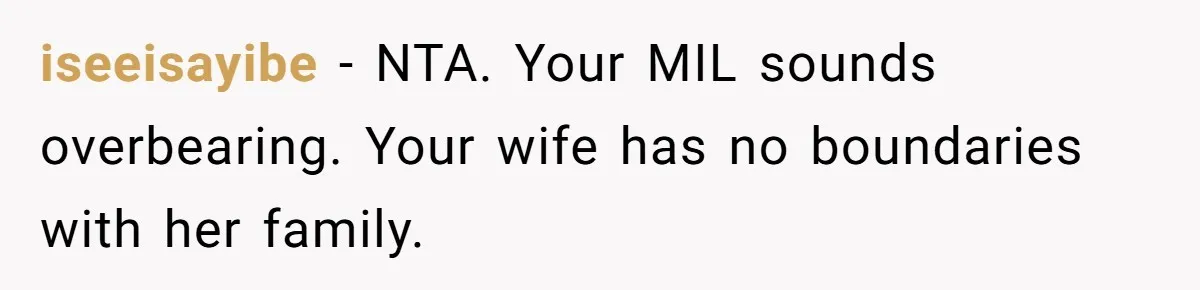 iseeisayibe − NTA. Your MIL sounds overbearing. Your wife has no boundaries with her family.