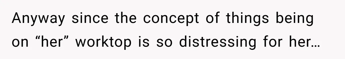 Anyway since the concept of things being on “her” worktop is so distressing for her…