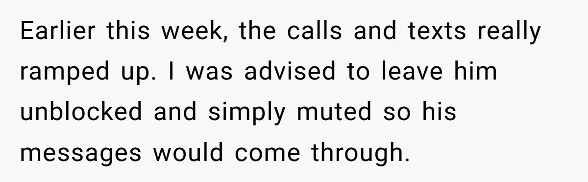 Earlier this week, the calls and texts really ramped up. I was advised to leave him unblocked and simply muted so his messages would come through.
