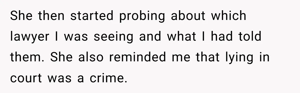 She then started probing about which lawyer I was seeing and what I had told them. She also reminded me that lying in court was a crime.