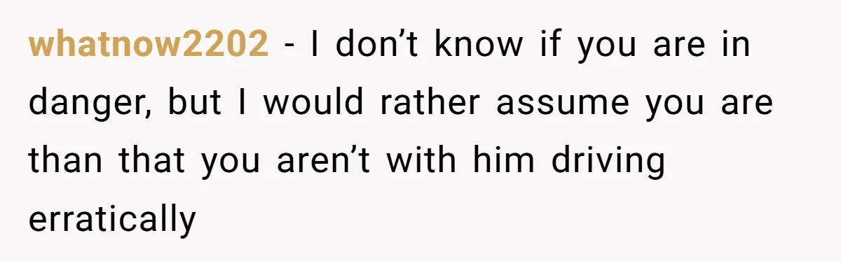 whatnow2202 − I don’t know if you are in danger, but I would rather assume you are than that you aren’t with him driving erratically