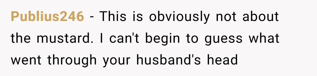 Publius246 − This is obviously not about the mustard. I can't begin to guess what went through your husband's head