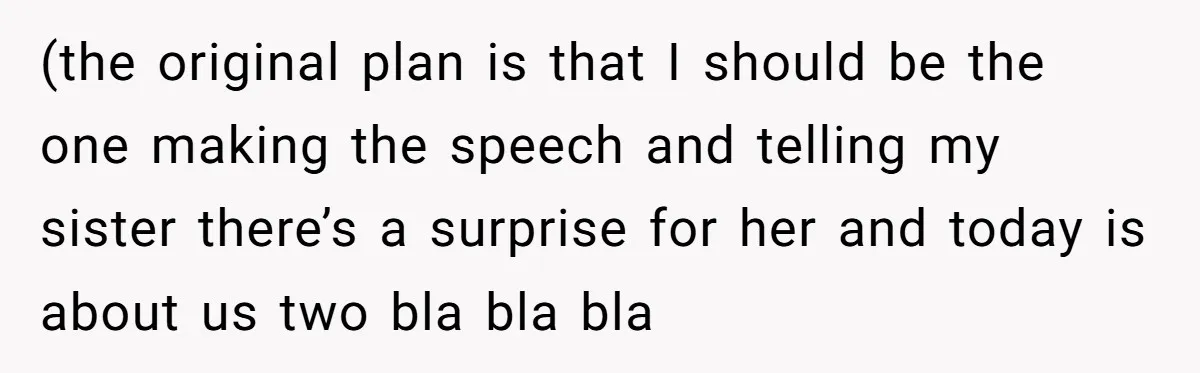 (the original plan is that I should be the one making the speech and telling my sister there’s a surprise for her and today is about us two bla bla...