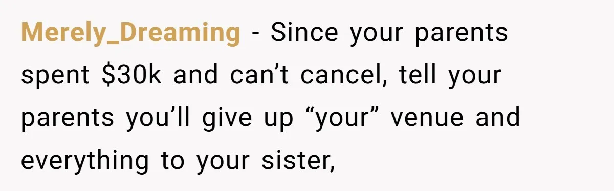 Merely_Dreaming − Since your parents spent $30k and can’t cancel, tell your parents you’ll give up “your” venue and everything to your sister,