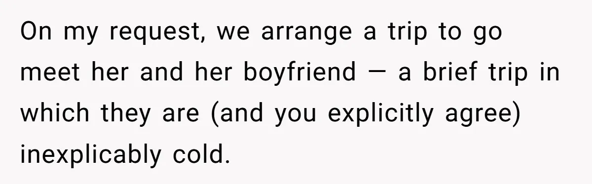 On my request, we arrange a trip to go meet her and her boyfriend — a brief trip in which they are (and you explicitly agree) inexplicably cold.