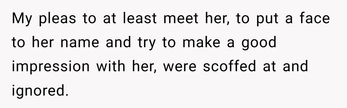 My pleas to at least meet her, to put a face to her name and try to make a good impression with her, were scoffed at and ignored.