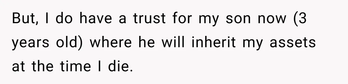 Divorced Man Shuts Down Ex Wife Family Funeral Stay Request At His New House But, I do have a trust for my son now (3 years old) where he will inherit my assets at the time I die.