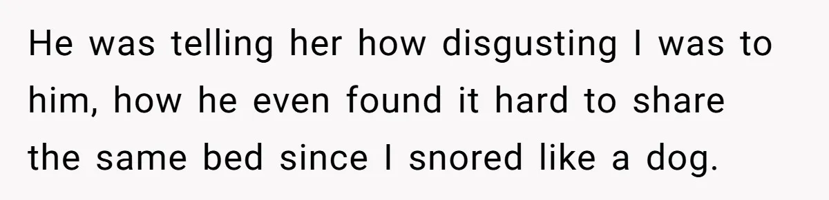 He was telling her how disgusting I was to him, how he even found it hard to share the same bed since I snored like a dog.