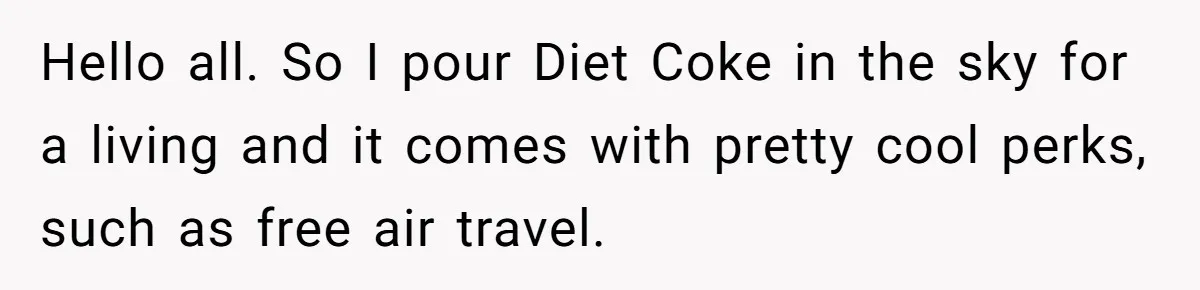 Hello all. So I pour Diet Coke in the sky for a living and it comes with pretty cool perks, such as free air travel.