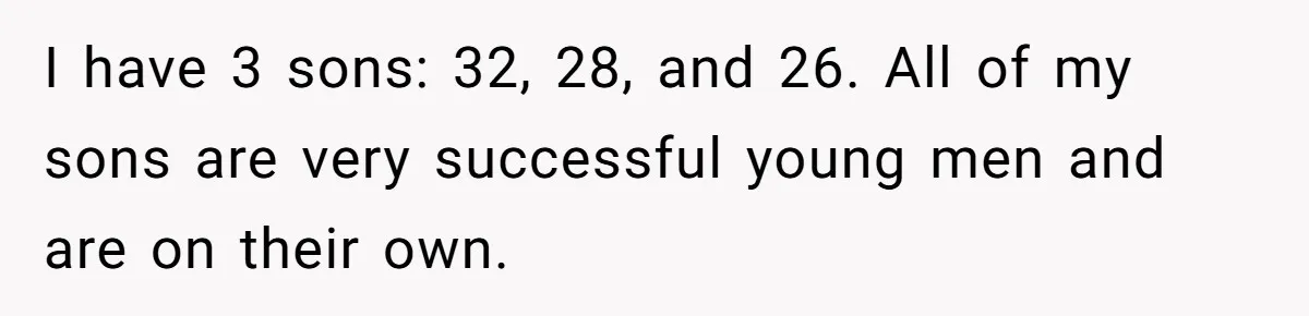 I have 3 sons: 32, 28, and 26. All of my sons are very successful young men and are on their own.