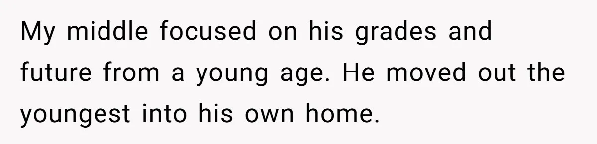 My middle focused on his grades and future from a young age. He moved out the youngest into his own home.