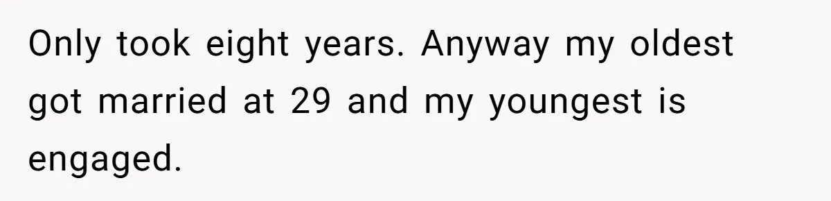 Only took eight years. Anyway my oldest got married at 29 and my youngest is engaged.