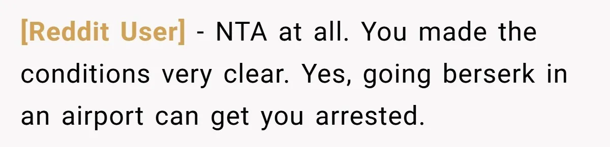 [Reddit User] − NTA at all. You made the conditions very clear. Yes, going berserk in an airport can get you arrested.