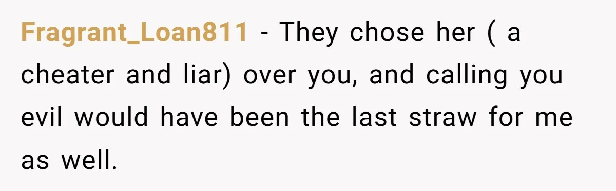 Fragrant_Loan811 − They chose her ( a cheater and liar) over you, and calling you evil would have been the last straw for me as well.