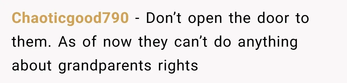 Chaoticgood790 − Don’t open the door to them. As of now they can’t do anything about grandparents rights