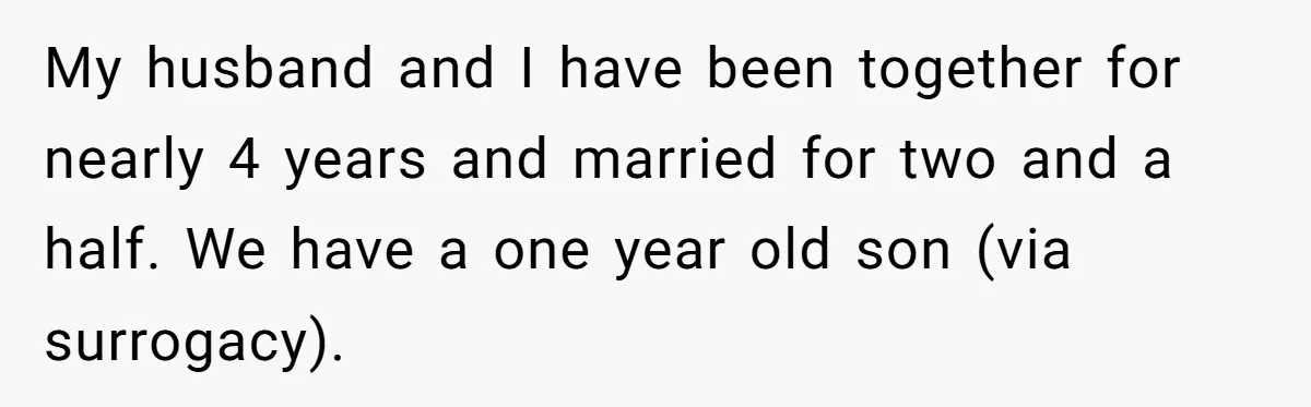 My husband and I have been together for nearly 4 years and married for two and a half. We have a one year old son (via surrogacy).