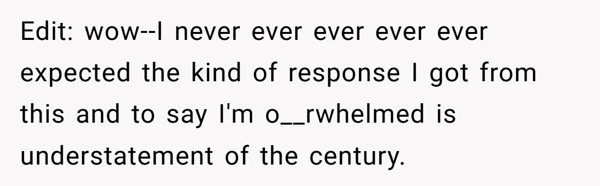 Edit: wow--I never ever ever ever ever expected the kind of response I got from this and to say I'm o__rwhelmed is understatement of the century.
