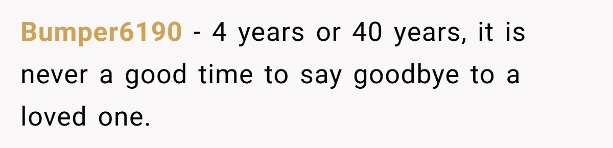 Bumper6190 − 4 years or 40 years, it is never a good time to say goodbye to a loved one.