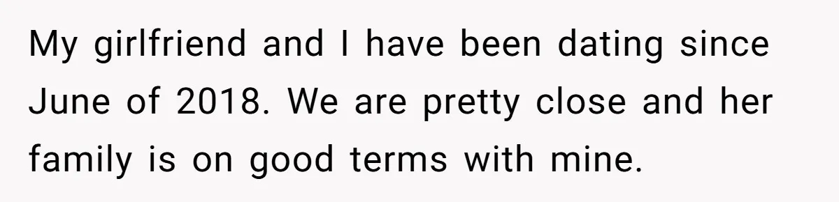 My girlfriend and I have been dating since June of 2018. We are pretty close and her family is on good terms with mine.