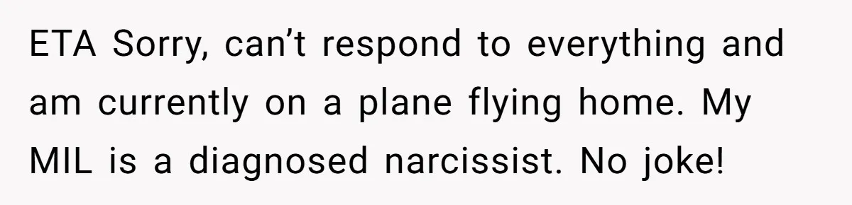 ETA Sorry, can’t respond to everything and am currently on a plane flying home. My MIL is a diagnosed narcissist. No joke!
