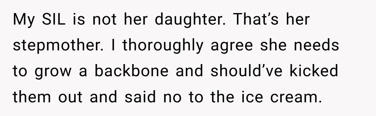My SIL is not her daughter. That’s her stepmother. I thoroughly agree she needs to grow a backbone and should’ve kicked them out and said no to the ice cream.