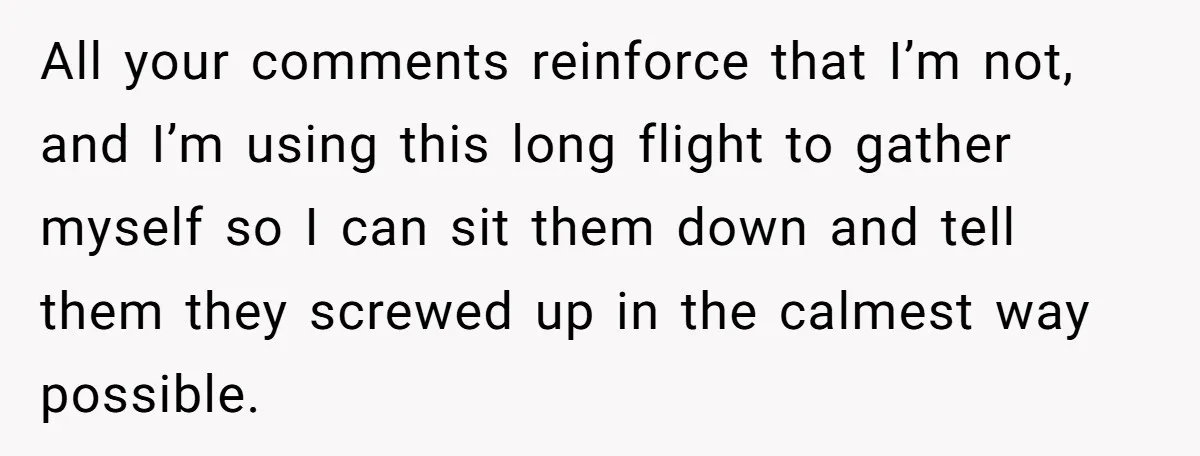 All your comments reinforce that I’m not, and I’m using this long flight to gather myself so I can sit them down and tell them they screwed up in the...