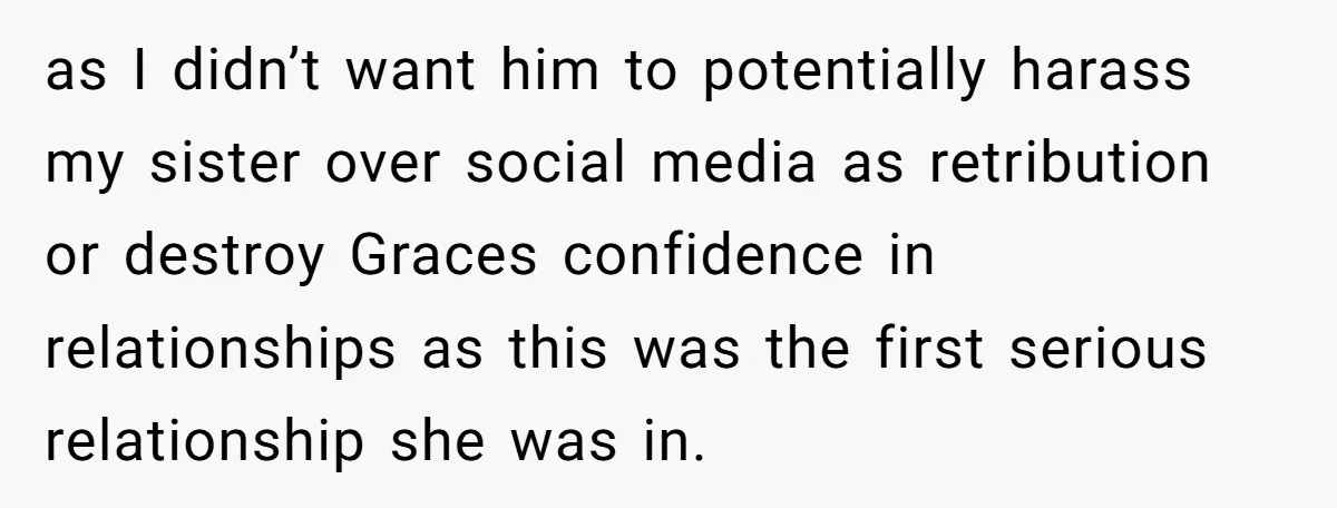 as I didn’t want him to potentially harass my sister over social media as retribution or destroy Graces confidence in relationships as this was the first serious relationship she was...